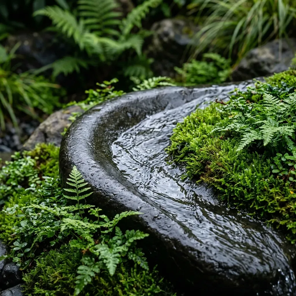 A mossed stream running through planting