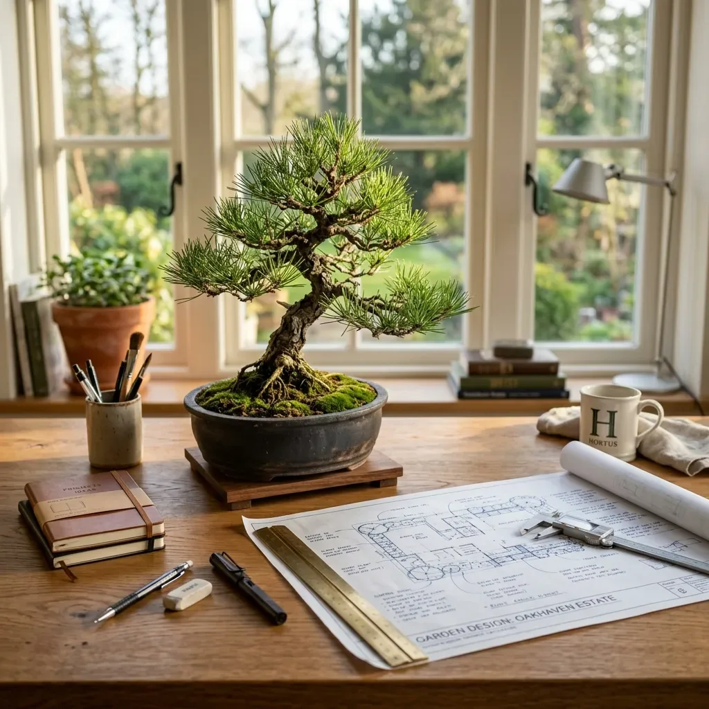 A garden model on a studio desk beside a window